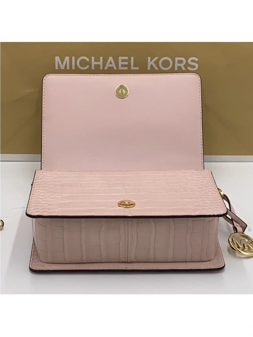 Michael Kors Mercer powder blush Woven Croc-Embossed Leather Crossbody